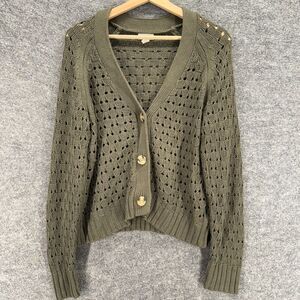 A New Approach Cardigan Women L Large Gray Button Up V-Neck Long Sleeve Cotton